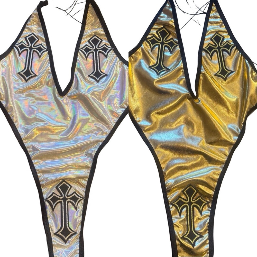 Exotic Dancewear One Piece in Silver & gold - cross patches